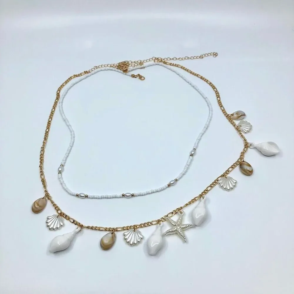 Mermaidcore Gold Shell Starfish Layered Chain Belt, Up to 33.5 Inches, X7GA1156